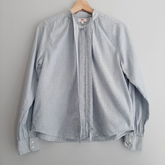 LEVI'S 100% Cotton Bow Neck Tie Button Down Top Pinstripe Sz M - Picture 3 of 16